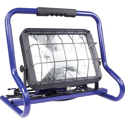 Blauwe draagbare LED-bouwlamp met beschermrooster op stevig metalen frame. Geschikt voor bouwplaatsen en buitenverlichting.