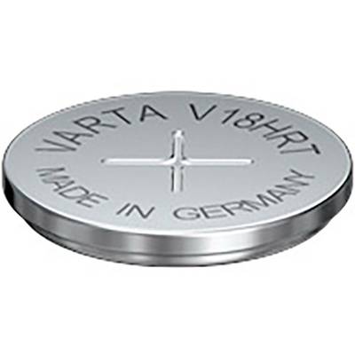 Ronde, zilveren knoopcell met het opschrift 'VARTA V18HRT MADE IN GERMANY'.