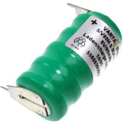 Groene, cilindrische batterij met metalen aansluitingen. Opgedrukt: '5/V80H 6V'.