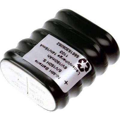 Een zwarte, golvende batterij met een wit etiket waarop technische specificaties en het recycling-symbool staan.