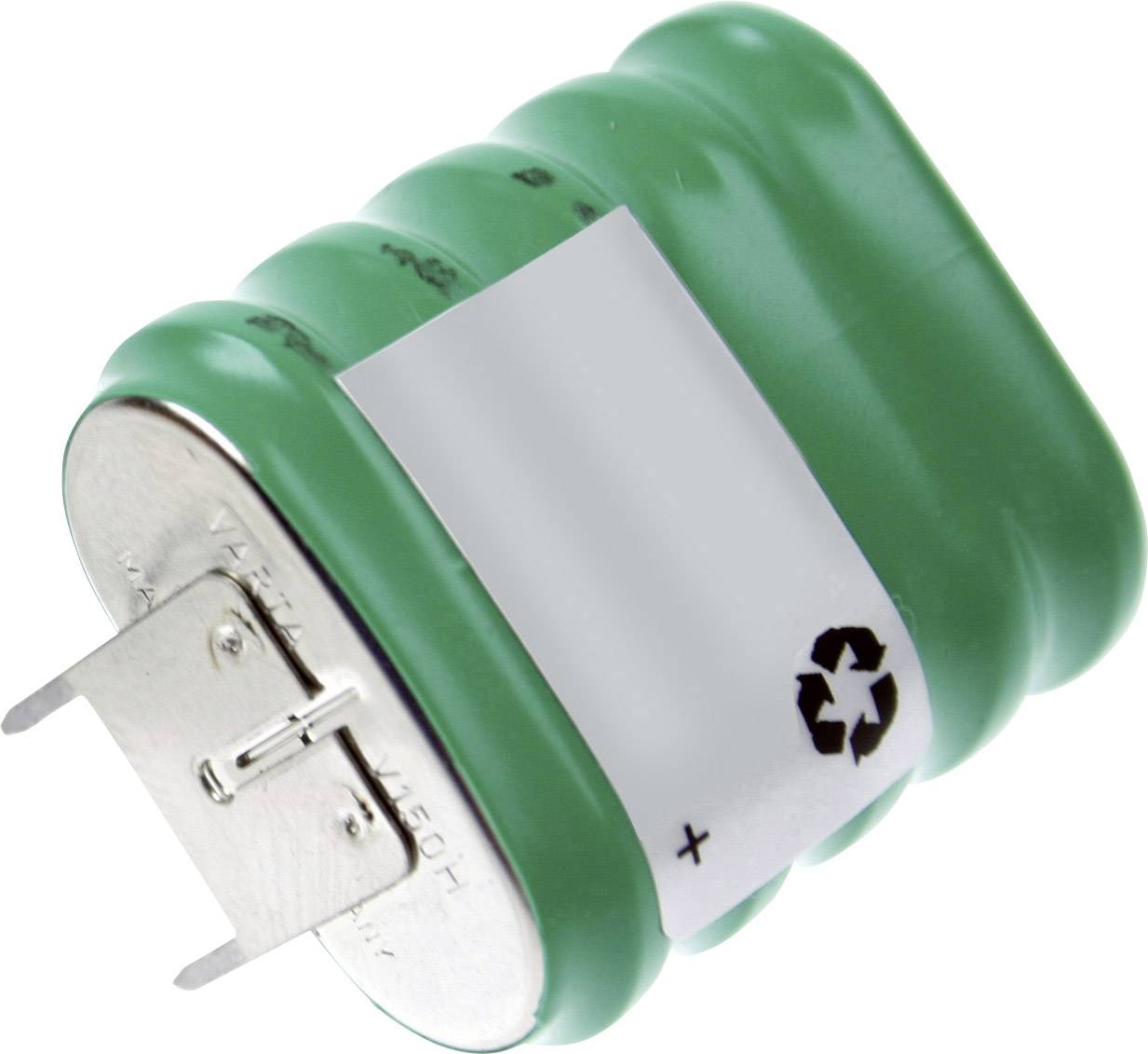 Groene batterij met metalen aansluiting en recycling-symbool aan de zijkant, symboliseert hernieuwbare energie en recycling.