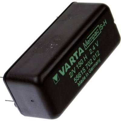 Zwart elektronisch onderdeel met opschrift 'VARTA 2V 150H 2.4V, Made in Germany'. Rechthoekige vorm met twee aansluitingen.
