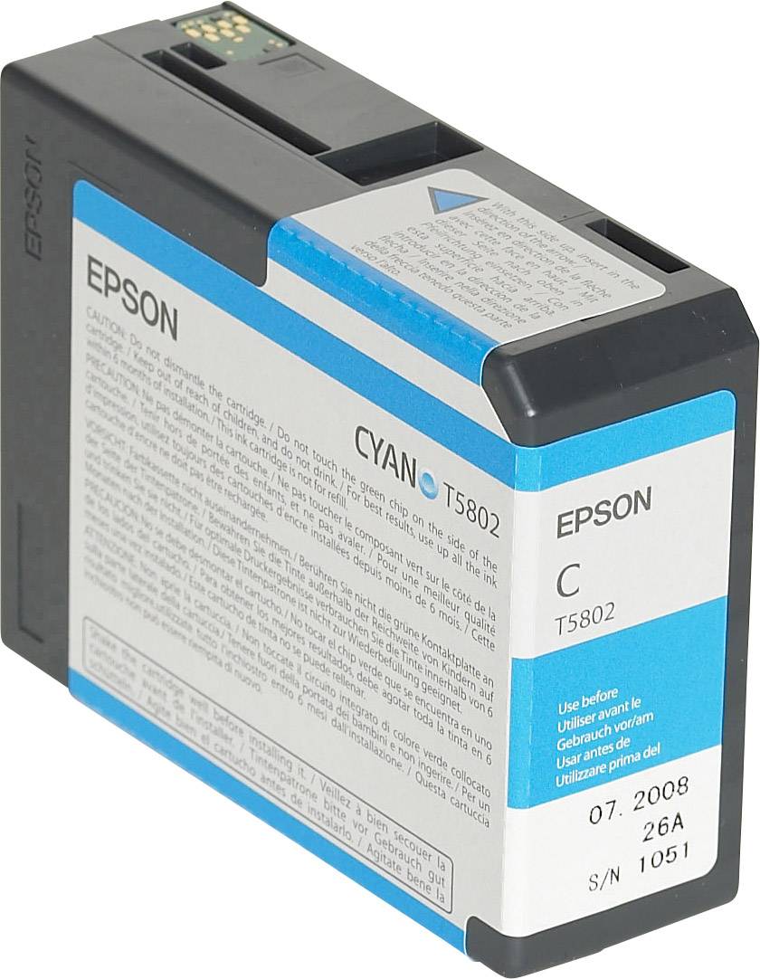 Epson inktcartridge, modelnummer T5802, in Cyaan. Hij heeft een blauwe streep en opschrift 'Cyaan T5802'.