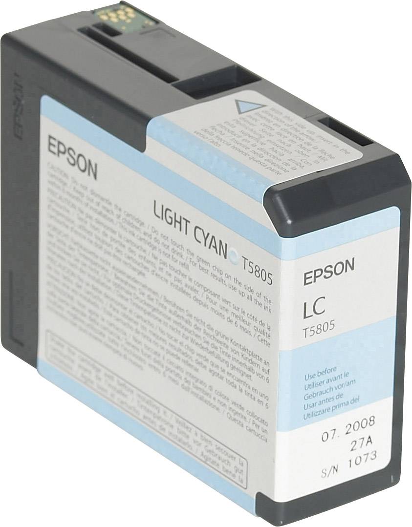 Epson inktcartridge in de kleur Licht Cyaan, Model T5805, met een serienummer.