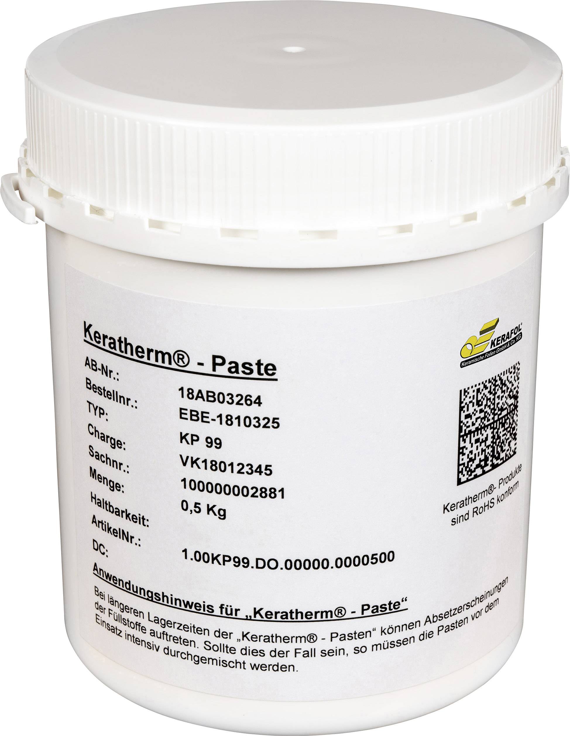 Witte emmer met etiket 'Keratherm® - Pasta', QR-code, productcodes. Hoofdzakelijk bedoeld voor industriële toepassingen.
