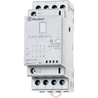 Een grijs relaismodule voor DIN-rail montage met meerdere schroefaansluitingen, merklogo en technische specificaties aan de voorzijde.