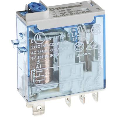 Een elektrisch-mechanisch relais met een blauwe afdekking, meerdere aansluitingen en gedrukte technische specificatie.
