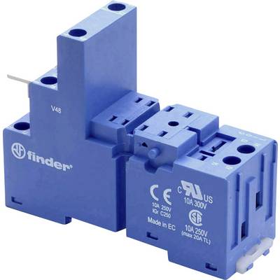 Een blauwe elektrische relaisvoet van het merk 'finder', geschikt voor 10A en 250V. Behuizing met aanduidingen en aansluitingen zichtbaar aan de bovenkant.