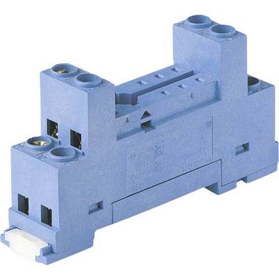 Een blauwe elektrische stekkerdoos met meerdere aansluitpunten, gebruikt voor montage op een DIN-rail in elektrische installaties.