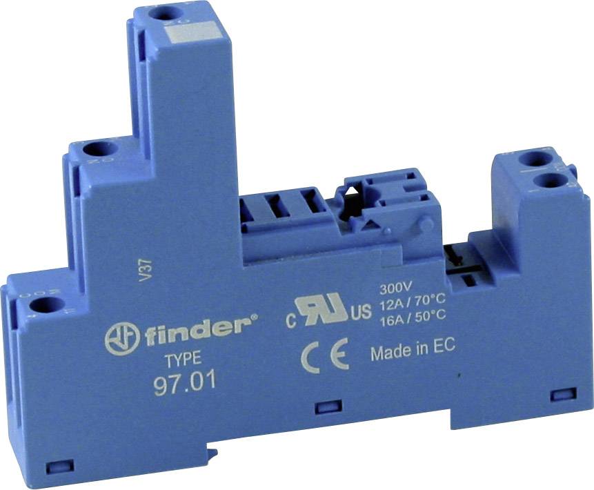 Elektrische voet in blauw met opschrift 'finder TYPE 97.01'. Certificeringen: CE, UR. Spanning: 300V. Geproduceerd in EC.