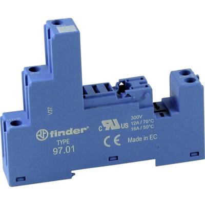 Elektrische voet in blauw met opschrift 'finder TYPE 97.01'. Certificeringen: CE, UR. Spanning: 300V. Geproduceerd in EC.