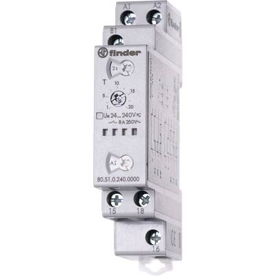 Een Finder-tijdrelais voor elektrische aansturingen, met instelbare timer (0,1-20s), werkend bij 24-240V AC/DC, 8A bij 250V.