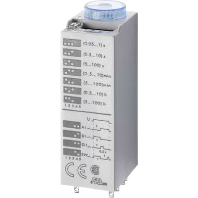Een elektronisch tijdrelais met een blauwe instelknop en schaal voor tijdsintervallen van seconden tot uren. Markeringen voor verschillende instellingen.