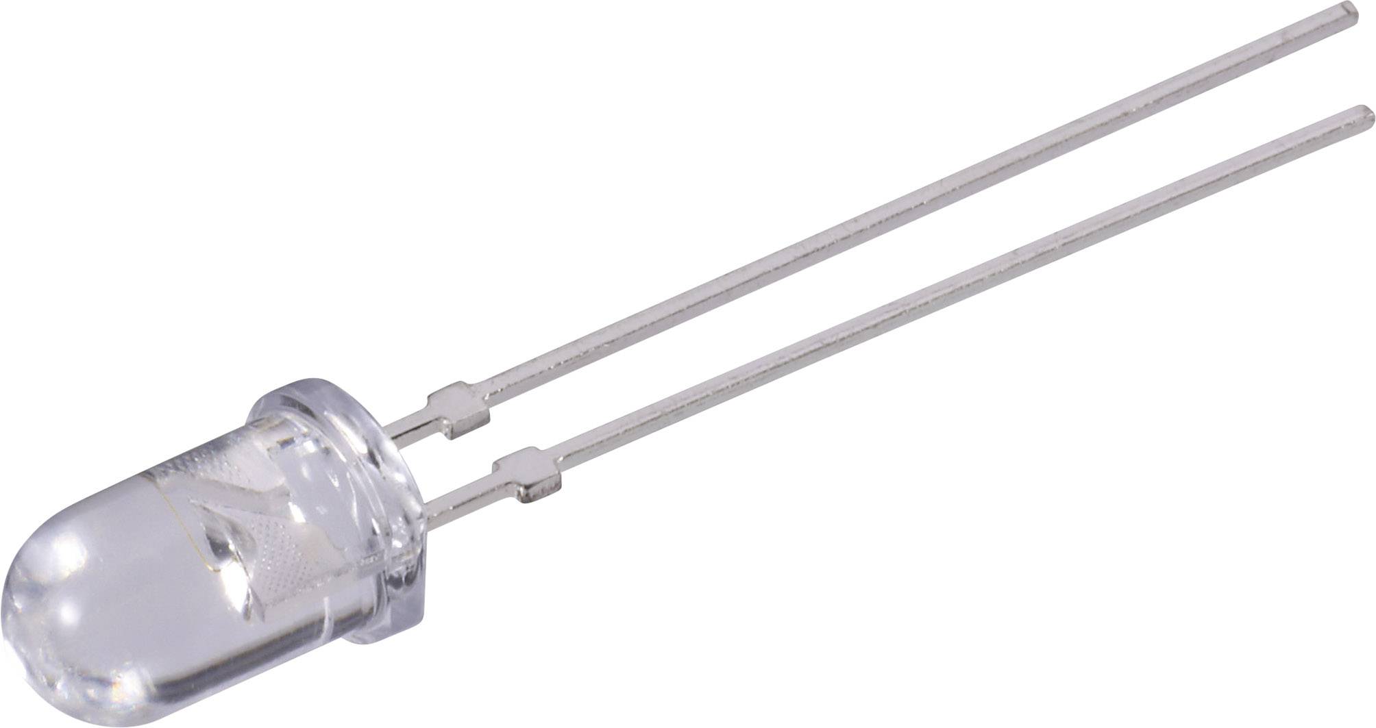 Een transparante LED met twee lange, dunne metalen aansluitingen die zich naar rechts uitstrekken.