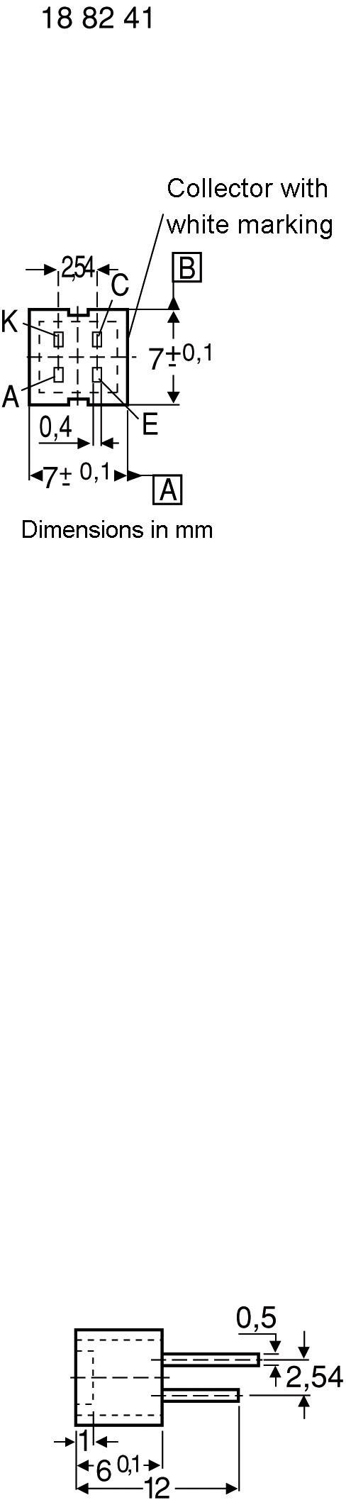 Technische tekening van een component met afmetingen in millimeters: Collector, basis, emitter en afmetingen zijn gemarkeerd.