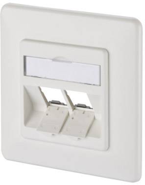 Een witte, rechthoekige netwerkaansluiting met twee RJ45-poorten, geschikt voor wandmontage in een kantoor- of woonomgeving.