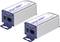 Twee zilveren 'giga UTP' Gigabit Ethernet Extenders, met aansluitingen voor TWP, PoE en Gnd, maken Ethernet-verlenging via UTP mogelijk.
