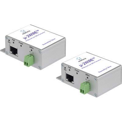 Twee zilveren netwerkadapters met aansluitingen voor PoE en 2Wire, gemerkt met 'NVT Phybridge'.