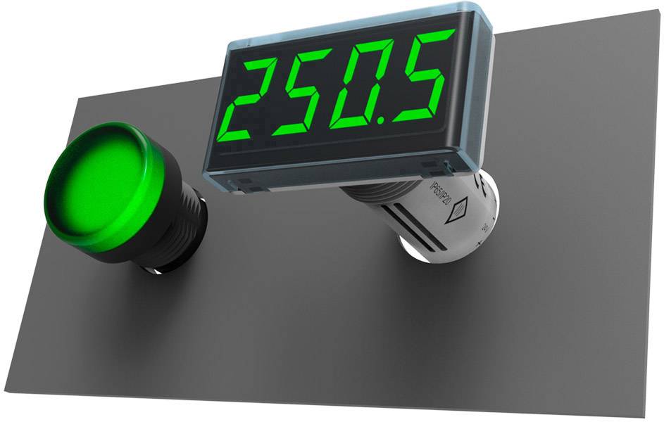 Een bedieningspaneel met een grote groene knop en een digitaal display dat het getal '250.5' in groene letters toont.