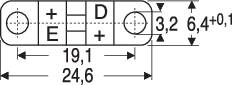 Elektronische component maattekening: Breedte 24,6 mm, zijdelingse boringen 3,2 mm diameter, hartafstand 19,1 mm.