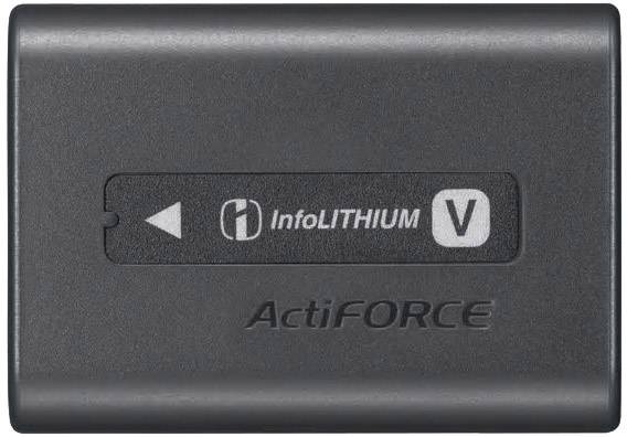 Zwarte accu met 'InfoLITHIUM' en 'ActiFORCE' opdruk, rechthoekig van vorm, met richtingspijl aan de bovenkant.