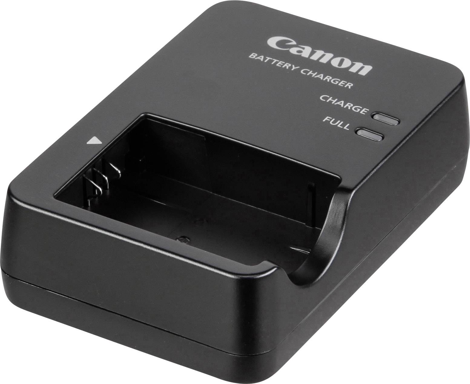 Een zwarte Canon acculader met twee indicatielampjes voor 'CHARGE' en 'FULL'.