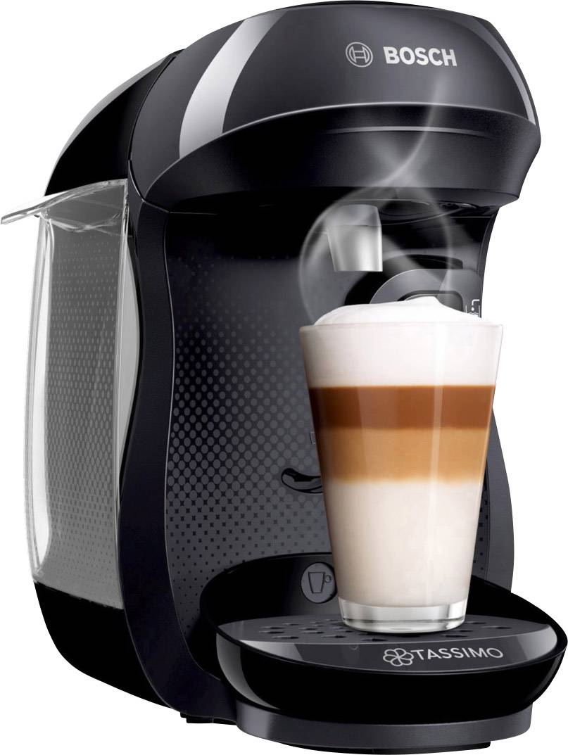 Zwarte koffiemachine met Latte Macchiato in een glas, met één druk op de knop bereid. Merknaam zichtbaar op de machine en de kop.