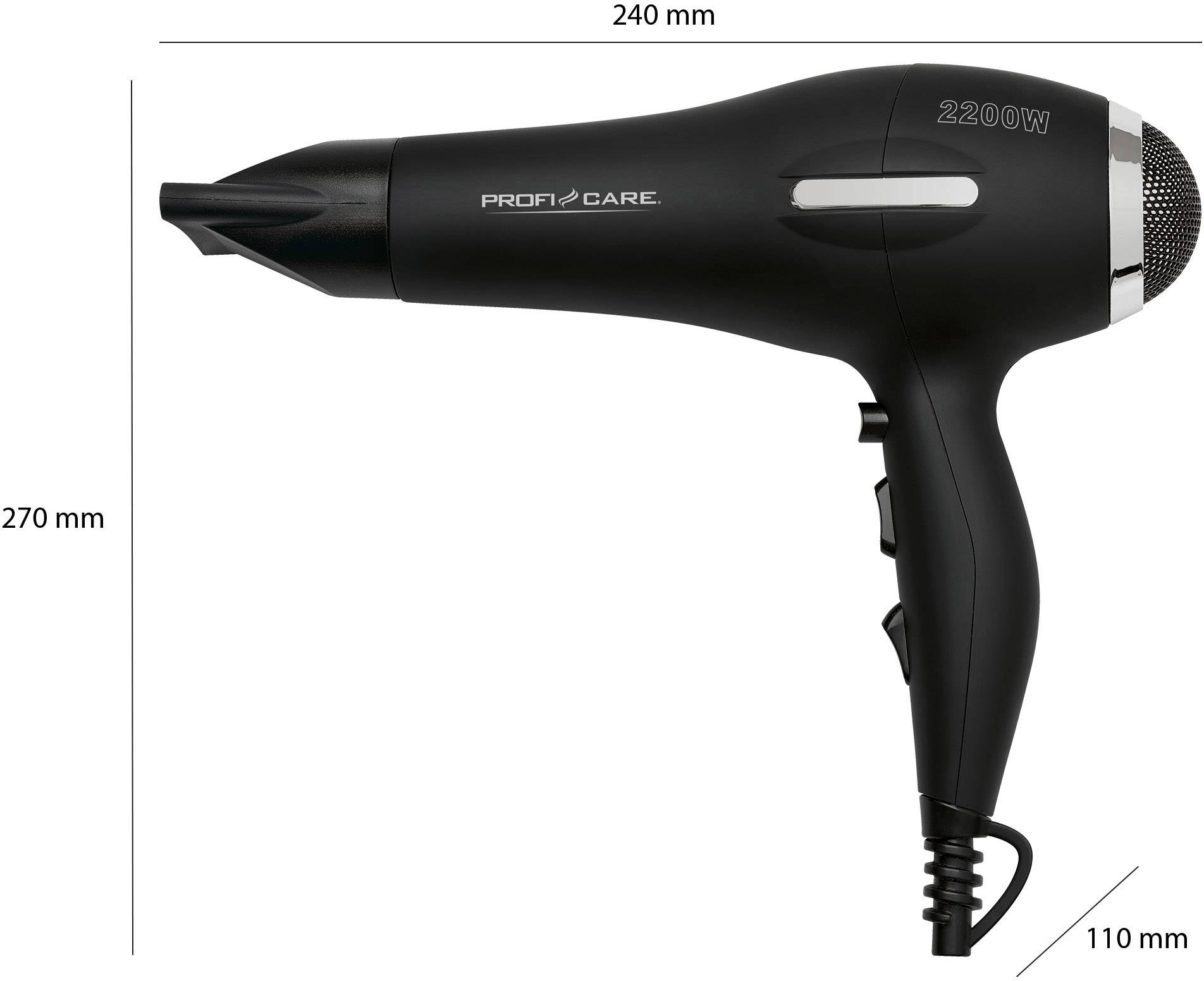 Zwarte föhn met twee schakelaars aan de handgreep. Afmetingen 240 mm lengte, 270 mm hoogte, 110 mm breedte. Vermogen: 2200 W.