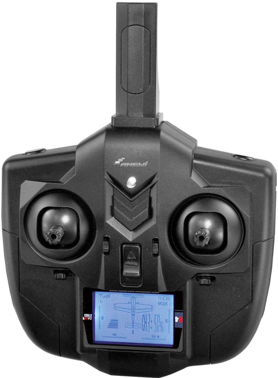 Een zwarte afstandsbediening met twee joysticks en een klein scherm onderaan geeft besturingsinformatie weer voor een op afstand bestuurd apparaat.