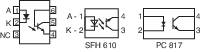 Schakelschema's van optocouplers: links met LED en transistor, midden met diode-symbool (SFL 610), rechts met LED en diode (PC 617).