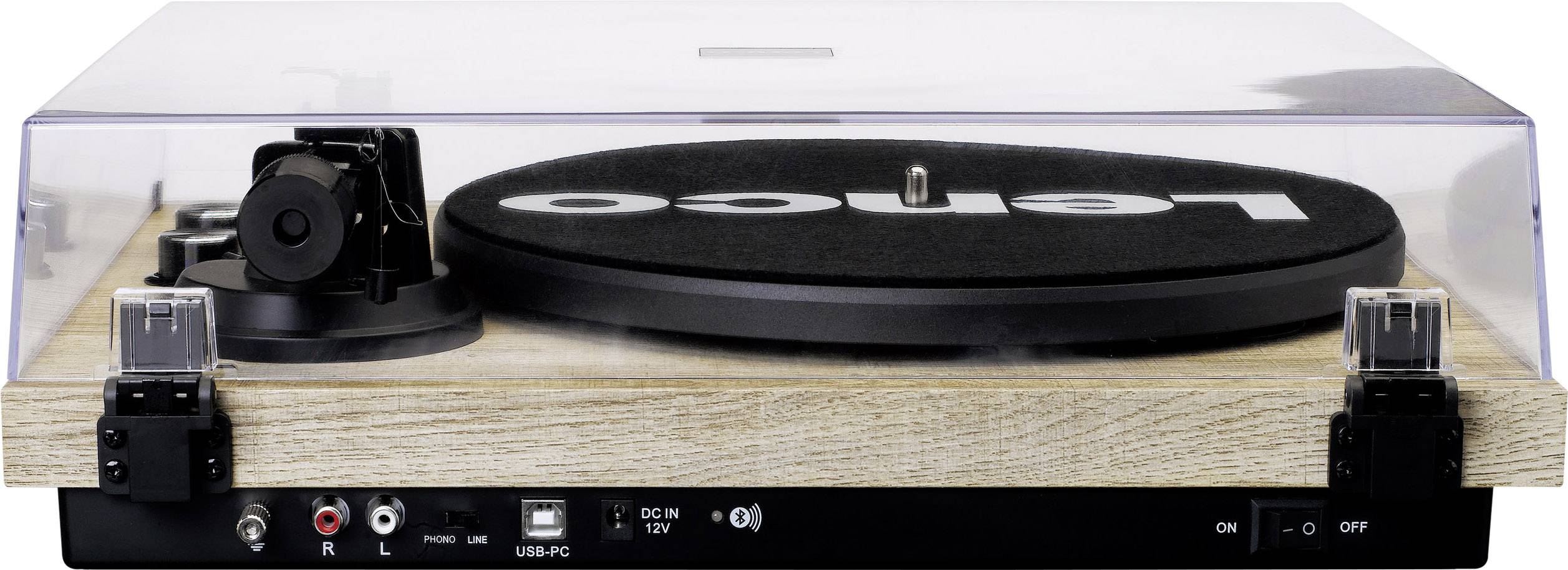 Een platenspeler met een transparante deksel. Aansluitingen aan de achterzijde zijn zichtbaar: stroomvoorziening evenals USB/PC-uitgang.