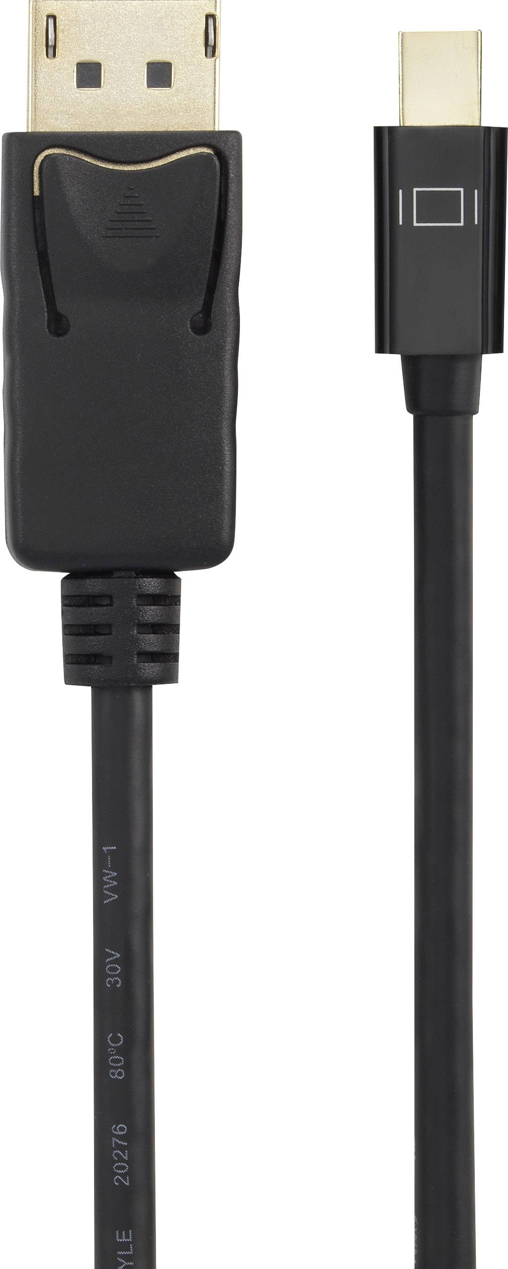 'Een zwart DisplayPort-naar-Mini-DisplayPort-kabel met gouden contacten. Het wordt gebruikt voor video- en audiooverdracht.'