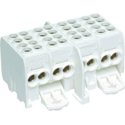 Witte, modulaire stekkerklem met meerdere aansluitopeningen, geschikt voor elektrische installaties.