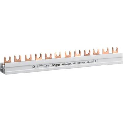 Een verzamelrailsysteem van Hager, model KDN465A, voor AC 230/400V, 10 mm², met koperaansluitingen voor elektrische distributie.