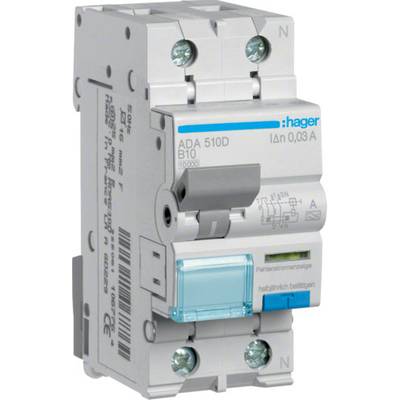 Een witte slanke Hager installatieautomaat ADA 510D met blauwe controlelamp en schroefklemmen, bestemd voor overstroombeveiliging en foutdetectie.