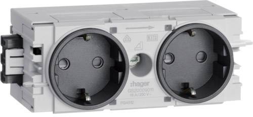 Dubbele stopcontact van Hager met twee ronde aansluitingen, geschikt voor 16 A en 250 V. Modelnummer: GS302.