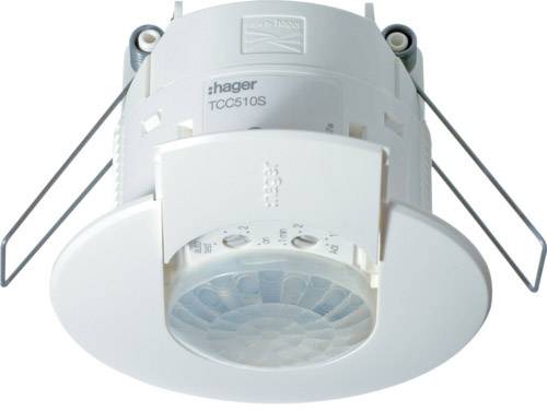 Bewegingsmelder in een rond behuizing, modeltype TCC510S van Hager, voor plafondmontage met zijdelingse bevestigingsbeugels.