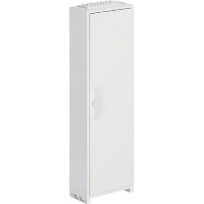 Smalle, hoge witte kast met één deur, greep in het midden, minimalistisch.