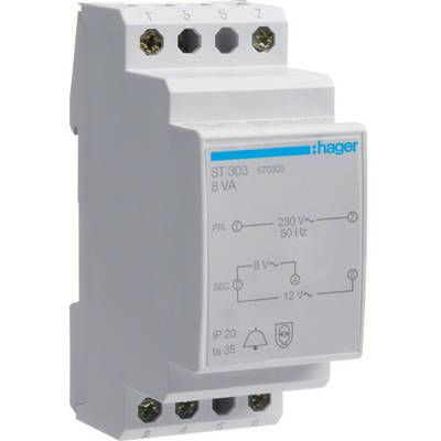 Een Hager-transformator ST 303 met technische specificaties: Primaire spanning 230 V, frequentie 50 Hz, secundaire spanningen 8 V en 12 V, beschermingsgraad IP20.
