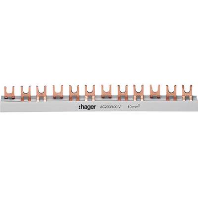 'Stroomrail van Hager, model AC230/400 V, doorsnede 10 mm², bestaande uit koperverbindingen voor de distributie van elektrische energie.'