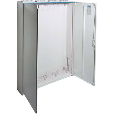 Een lege, open witte metalen kast met een glazen deur, geschikt voor het opbergen van apparatuur of documenten op een kantoor.