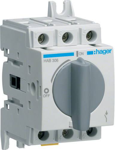 Een elektrische Hager-schakelaar met de standen 'ON' en 'OFF', modelnummer HAB 306.