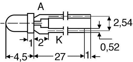 Technische tekening van een elektrische stekkerverbinding met afmetingen: lengte 27 mm, breedtes 4,5 mm en 0,52 mm, afstand 2,54 mm.