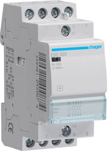 Een elektrisch schakelrelais met labels en aansluitingen, gebruikt voor het besturen van elektrische schakelingen, merk Hager.