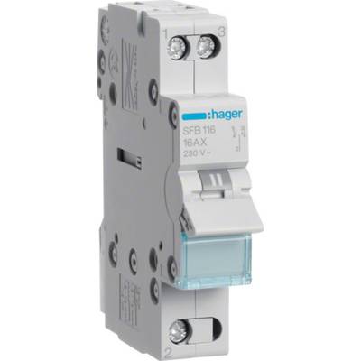 'Eenpolige zekeringautomaat Hager SFB116, 16A, 230V, met wipschakelaar, zijdelings geplaatste schroefklemmen.'