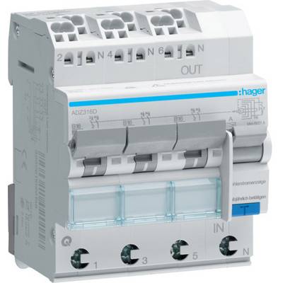 Een grijs-witte elektrische automaat met een blauwe streep en 'Hager'-logo, bevat meerdere schakelaars en aansluitingen.