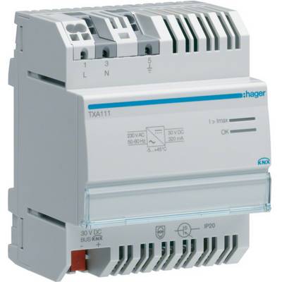 Een KNX-busmodule van Hager, model TXA111, voor energiezuinige huisautomatisering. Het toont aansluitingen, spanning specificaties en beschermingsgraad IP20.
