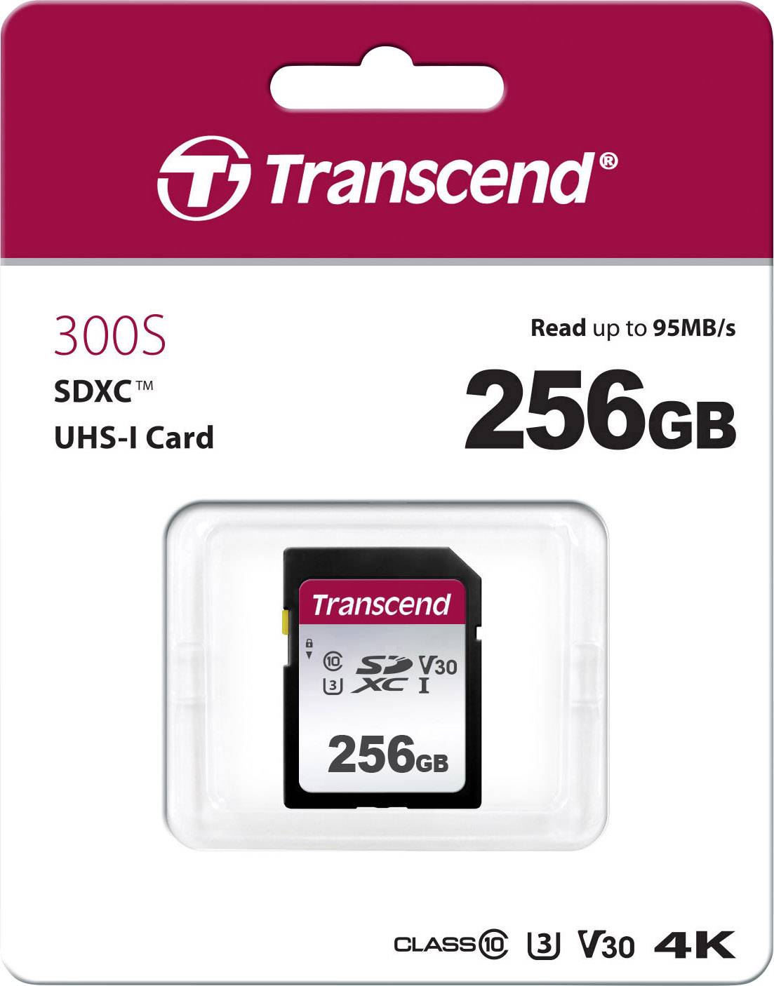 Transcend 300S SDXC UHS-I geheugenkaart met 256 GB capaciteit. Leessnelheid tot 95 MB/s. Ondersteunt 4K-video.
