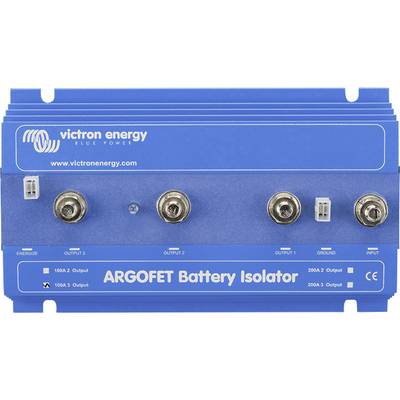 Een blauwe Victron Energy ARGOfet batterij-isolator met vier aansluitklemmen voor gelijktijdige voeding van meerdere batterijsystemen.