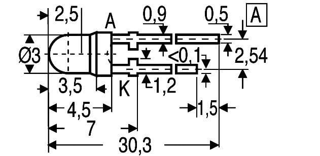 Technische tekening van een LED: Ø3 mm, lengte 30,3 mm, diverse markeringen en afmetingen. Toont totale en gedetailleerde afmetingen voor montage.